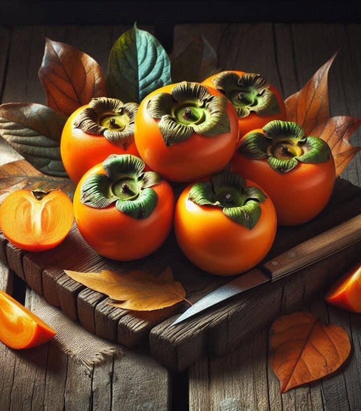 Cachi maturi su tagliare rustico.