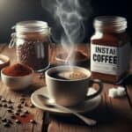 Granuli di caffè solubile in un contenitore di vetro, pronti per la preparazione