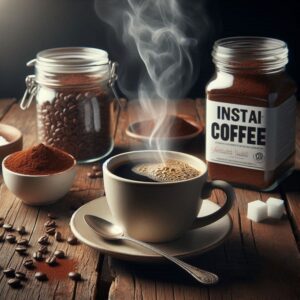 Granuli di caffè solubile in un contenitore di vetro, pronti per la preparazione