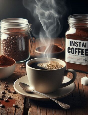 Granuli di caffè solubile in un contenitore di vetro, pronti per la preparazione