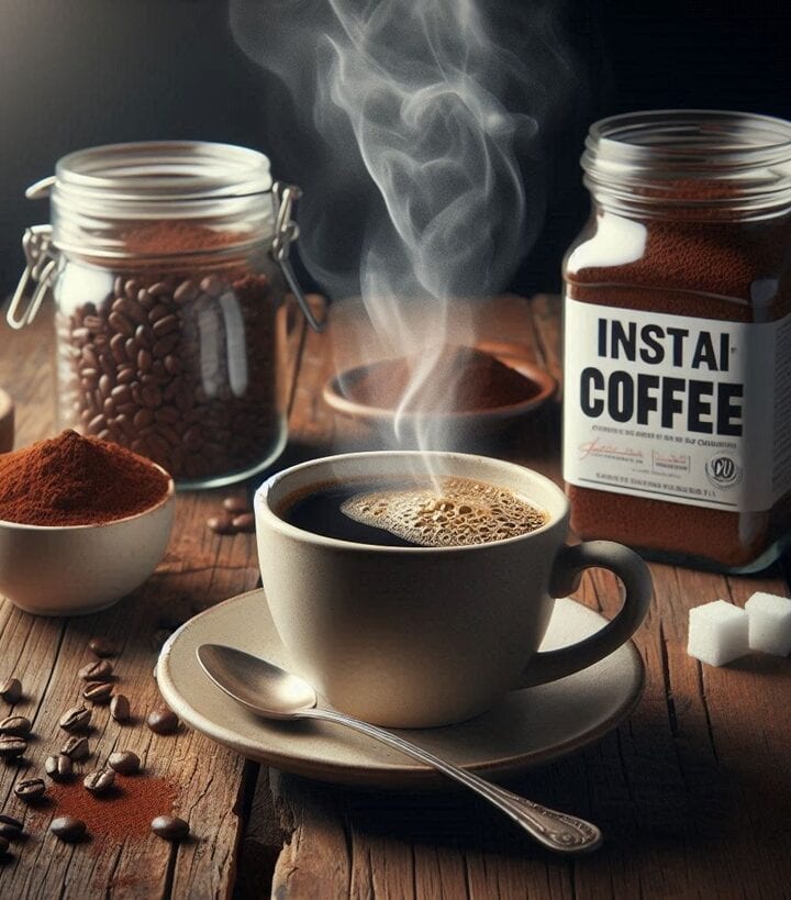 Granuli di caffè solubile in un contenitore di vetro, pronti per la preparazione
