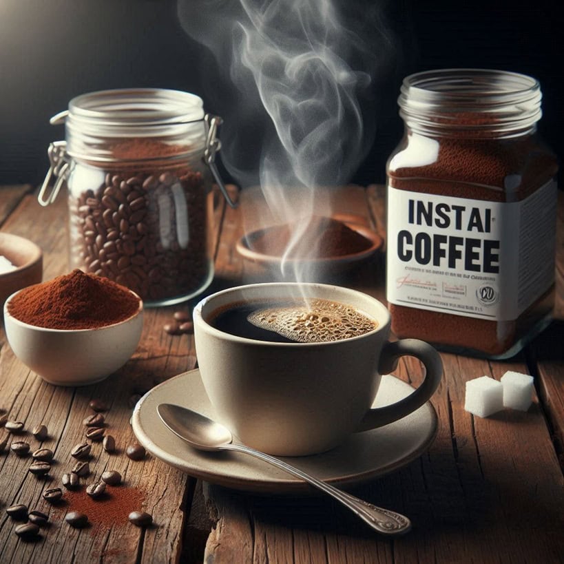 Granuli di caffè solubile in un contenitore di vetro, pronti per la preparazione