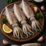 Calamari freschi disposti su un tagliere rustico, pronti per la preparazione culinaria