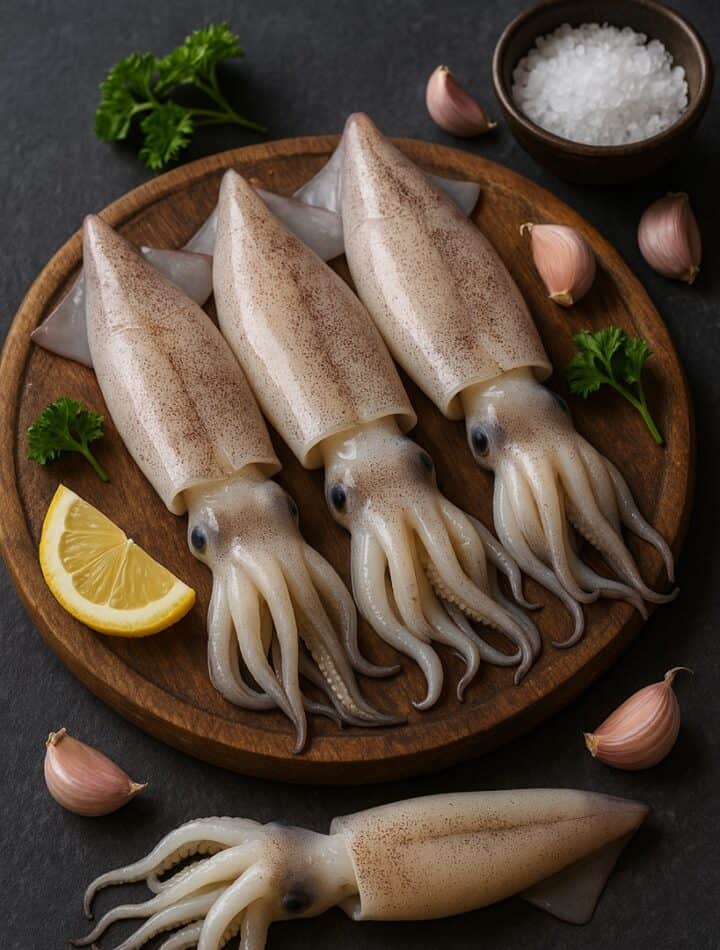 Calamari freschi disposti su un tagliere rustico, pronti per la preparazione culinaria