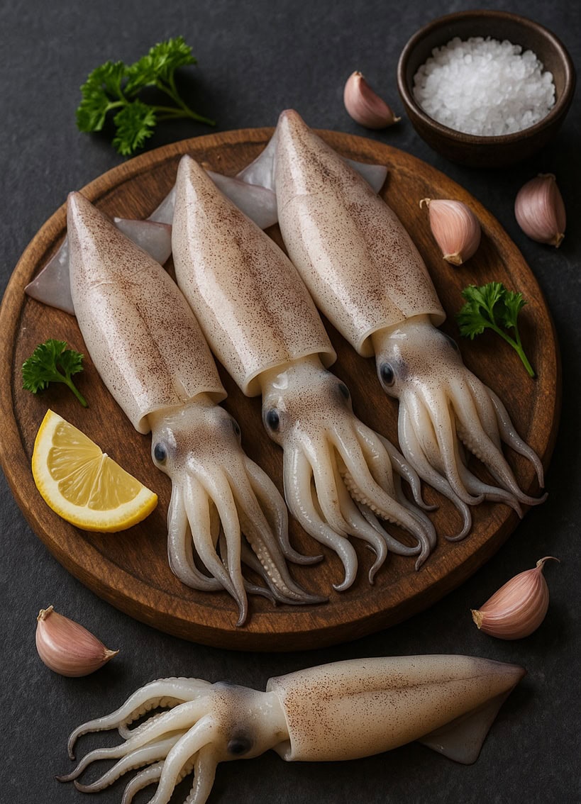 Calamari freschi disposti su un tagliere rustico, pronti per la preparazione culinaria