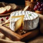 Formaggio Camembert morbido e cremoso su un tagliere rustico, con la crosta fiorita ben visibile