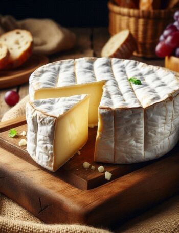 Formaggio Camembert morbido e cremoso su un tagliere rustico, con la crosta fiorita ben visibile