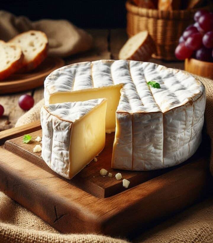 Formaggio Camembert morbido e cremoso su un tagliere rustico, con la crosta fiorita ben visibile