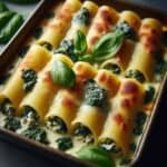 Teglia di cannelloni gratinati con salsa e formaggio fuso, appena usciti dal forno
