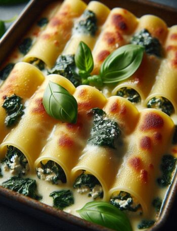 Teglia di cannelloni gratinati con salsa e formaggio fuso, appena usciti dal forno