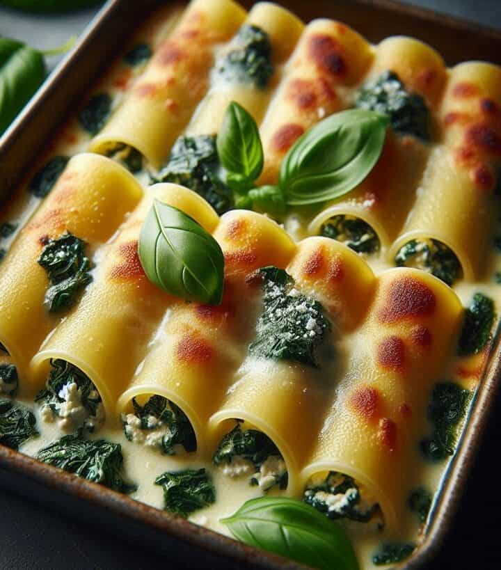 Teglia di cannelloni gratinati con salsa e formaggio fuso, appena usciti dal forno
