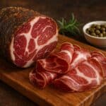 Capicollo intero stagionato con fette sottili e pane rustico su tagliere in pietra scura