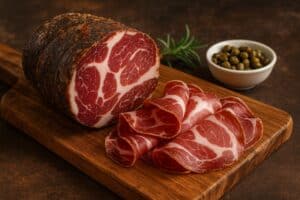 Capicollo intero stagionato con fette sottili e pane rustico su tagliere in pietra scura