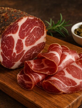 Capicollo intero stagionato con fette sottili e pane rustico su tagliere in pietra scura