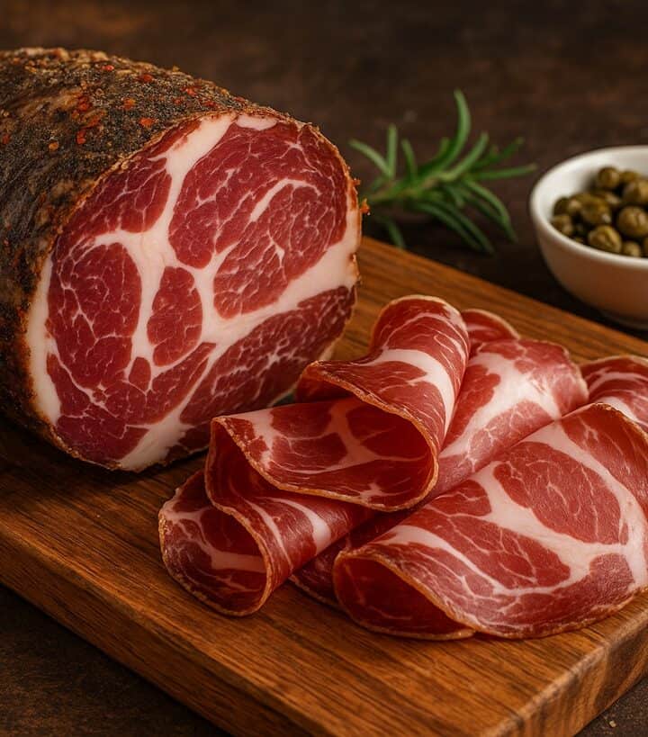 Capicollo intero stagionato con fette sottili e pane rustico su tagliere in pietra scura