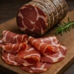 Capocollo intero e affettato su tagliere in legno con rametto di rosmarino