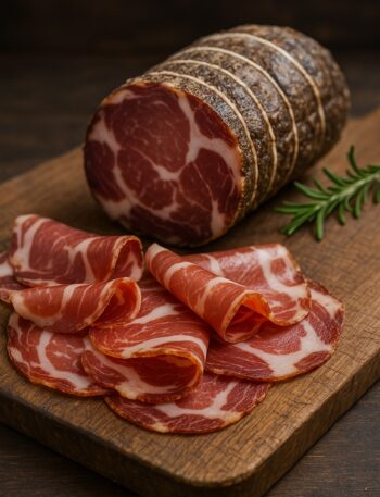 Capocollo intero e affettato su tagliere in legno con rametto di rosmarino