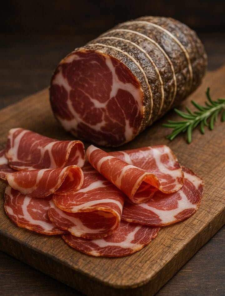 Capocollo intero e affettato su tagliere in legno con rametto di rosmarino