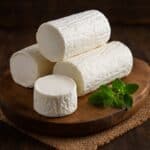 Formaggio Caprino fresco a tronchetto su tagliere in legno con foglie fresche di origano