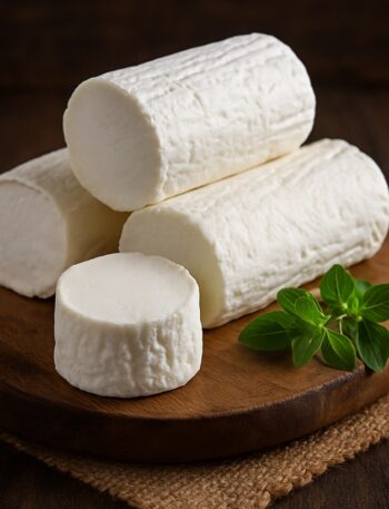 Formaggio Caprino fresco a tronchetto su tagliere in legno con foglie fresche di origano