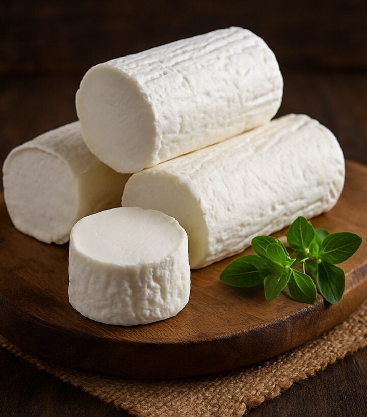 Formaggio Caprino fresco a tronchetto su tagliere in legno con foglie fresche di origano