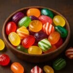Caramelle dure assortite di vari colori e forme in una ciotola di legno su fondo scuro