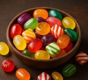 Caramelle dure assortite di vari colori e forme in una ciotola di legno su fondo scuro