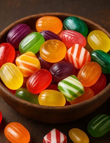 Caramelle dure assortite di vari colori e forme in una ciotola di legno su fondo scuro