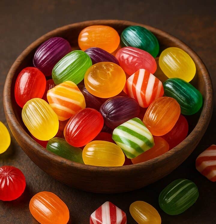 Caramelle dure assortite di vari colori e forme in una ciotola di legno su fondo scuro