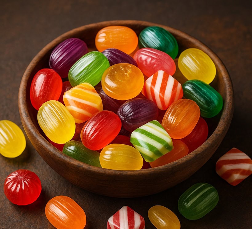 Caramelle dure assortite di vari colori e forme in una ciotola di legno su fondo scuro