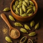 Cardamomo verde intero, semi neri e polvere di cardamomo in ciotola e cucchiaio di legno