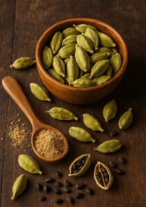 Cardamomo verde intero, semi neri e polvere di cardamomo in ciotola e cucchiaio di legno