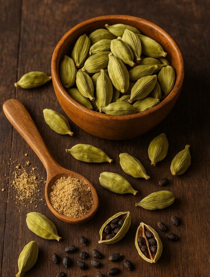 Cardamomo verde intero, semi neri e polvere di cardamomo in ciotola e cucchiaio di legno