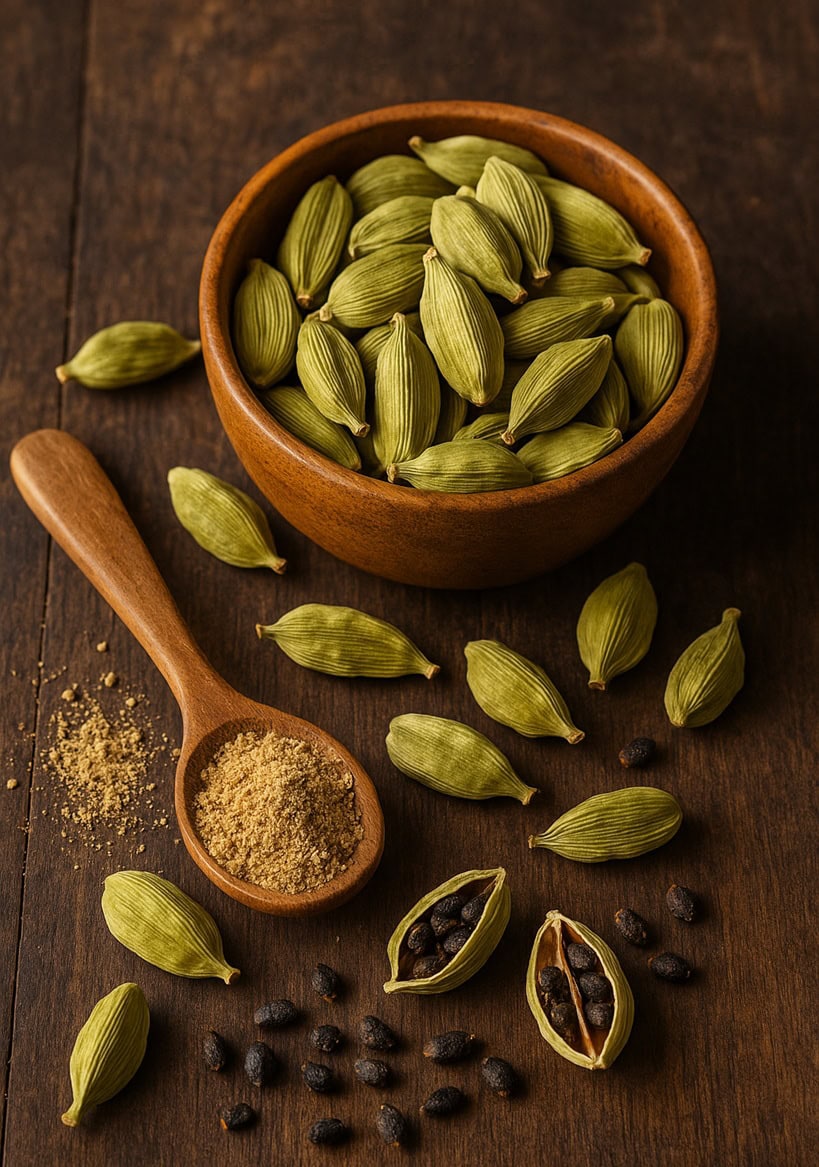 Cardamomo verde intero, semi neri e polvere di cardamomo in ciotola e cucchiaio di legno