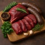 aglio di carne di cinghiale con fette, salumi, aglio, pepe e erbe fresche su tagliere rustico in legno