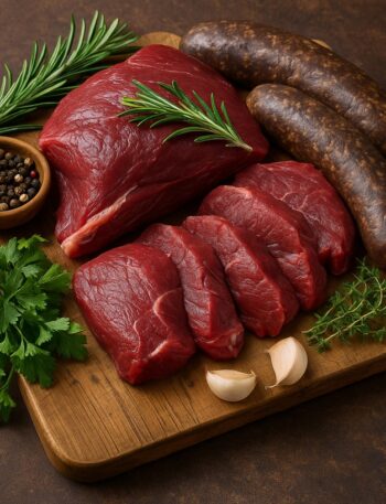 aglio di carne di cinghiale con fette, salumi, aglio, pepe e erbe fresche su tagliere rustico in legno