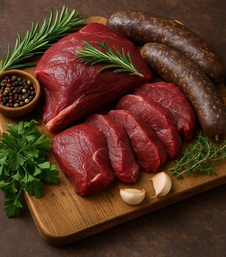aglio di carne di cinghiale con fette, salumi, aglio, pepe e erbe fresche su tagliere rustico in legno