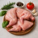Carne di coniglio cruda disposta su tagliere in legno con basilico, rosmarino, pomodoro, aglio e pepe in grani