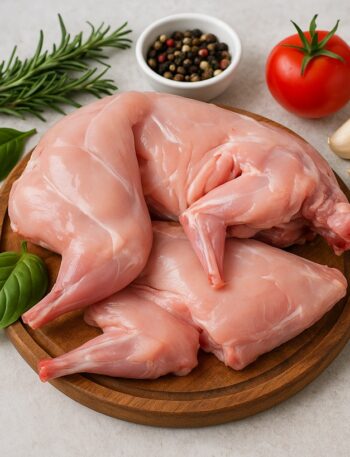 Carne di coniglio cruda disposta su tagliere in legno con basilico, rosmarino, pomodoro, aglio e pepe in grani