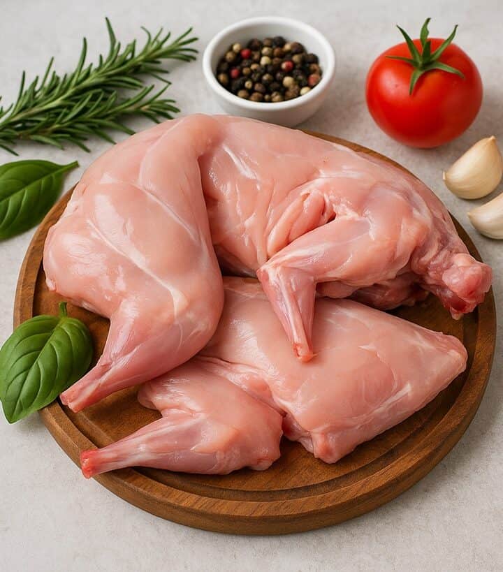 Carne di coniglio cruda disposta su tagliere in legno con basilico, rosmarino, pomodoro, aglio e pepe in grani