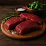Filetti di carne di daino cruda su tagliere in legno con rosmarino, sale e pepe