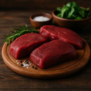 Filetti di carne di daino cruda su tagliere in legno con rosmarino, sale e pepe