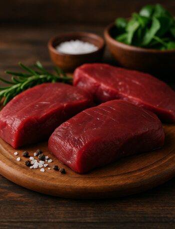 Filetti di carne di daino cruda su tagliere in legno con rosmarino, sale e pepe
