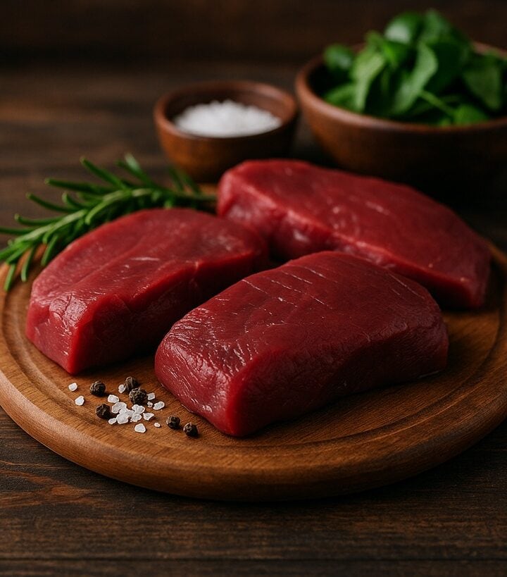 Filetti di carne di daino cruda su tagliere in legno con rosmarino, sale e pepe