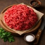 Mucchio di carne macinata rossa su tagliere rotondo con sale, pepe e prezzemolo su sfondo rustico