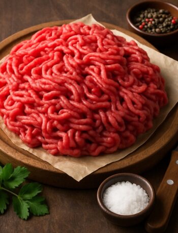 Mucchio di carne macinata rossa su tagliere rotondo con sale, pepe e prezzemolo su sfondo rustico