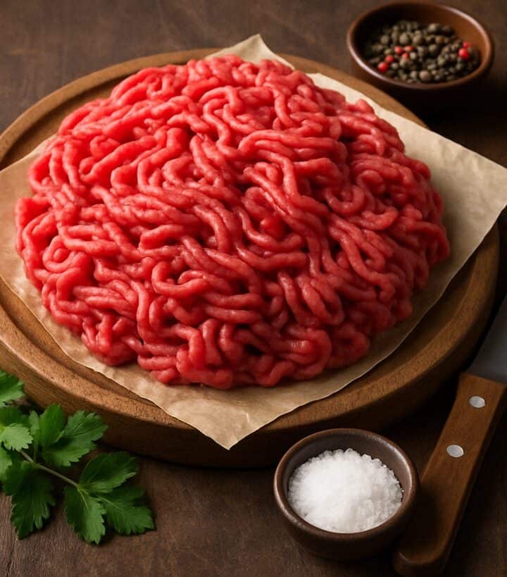 Mucchio di carne macinata rossa su tagliere rotondo con sale, pepe e prezzemolo su sfondo rustico