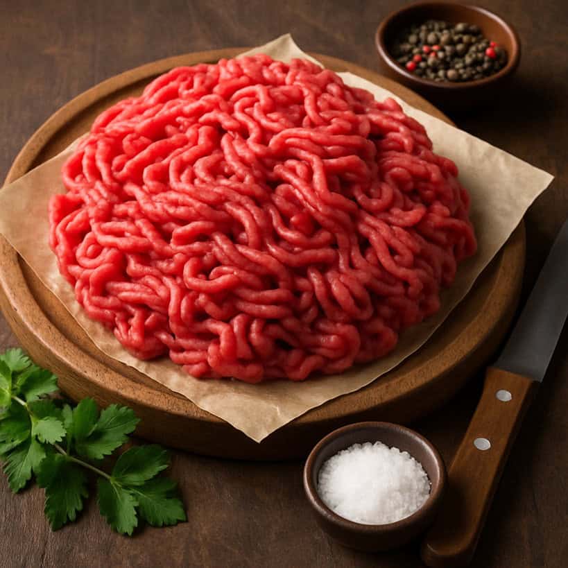Mucchio di carne macinata rossa su tagliere rotondo con sale, pepe e prezzemolo su sfondo rustico