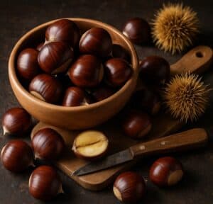 Castagne intere e aperte con ricci verdi e marroni su sfondo di legno grezzo