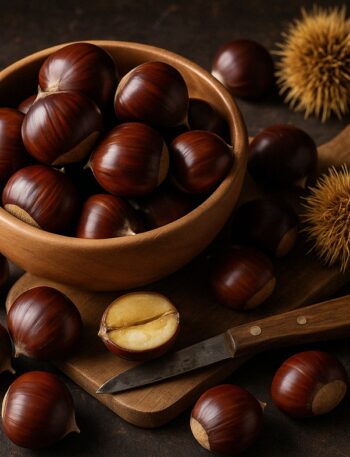 Castagne intere e aperte con ricci verdi e marroni su sfondo di legno grezzo